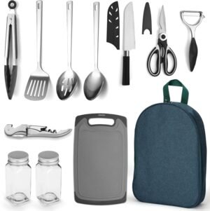 Evanda Camping Kitchen Cooking Utensil Set 10 Piece, Stainless Steel Outdoor Cooking and Grilling Utensil Organizer Travel Set Perfect for Travel, Camping, RVs, BBQs, Picnics, Parties and More