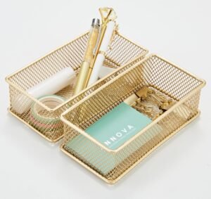 Annova Mesh Stackable Drawer Cabinet and Shelf Organizer Bins Storage Basket School Office Supply Holder Tray- Set of 2 (Gold, 3x6x2 Inch)