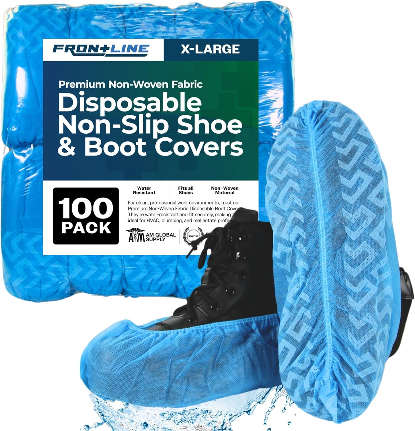Frontline Disposable Shoe Covers Non-Slip – Premium Non-Woven, Durable, Booties Shoe Protectors – Water Resistant Thick Anti-Slip - One Size Fits Most, Indoor Use (100 Pack)