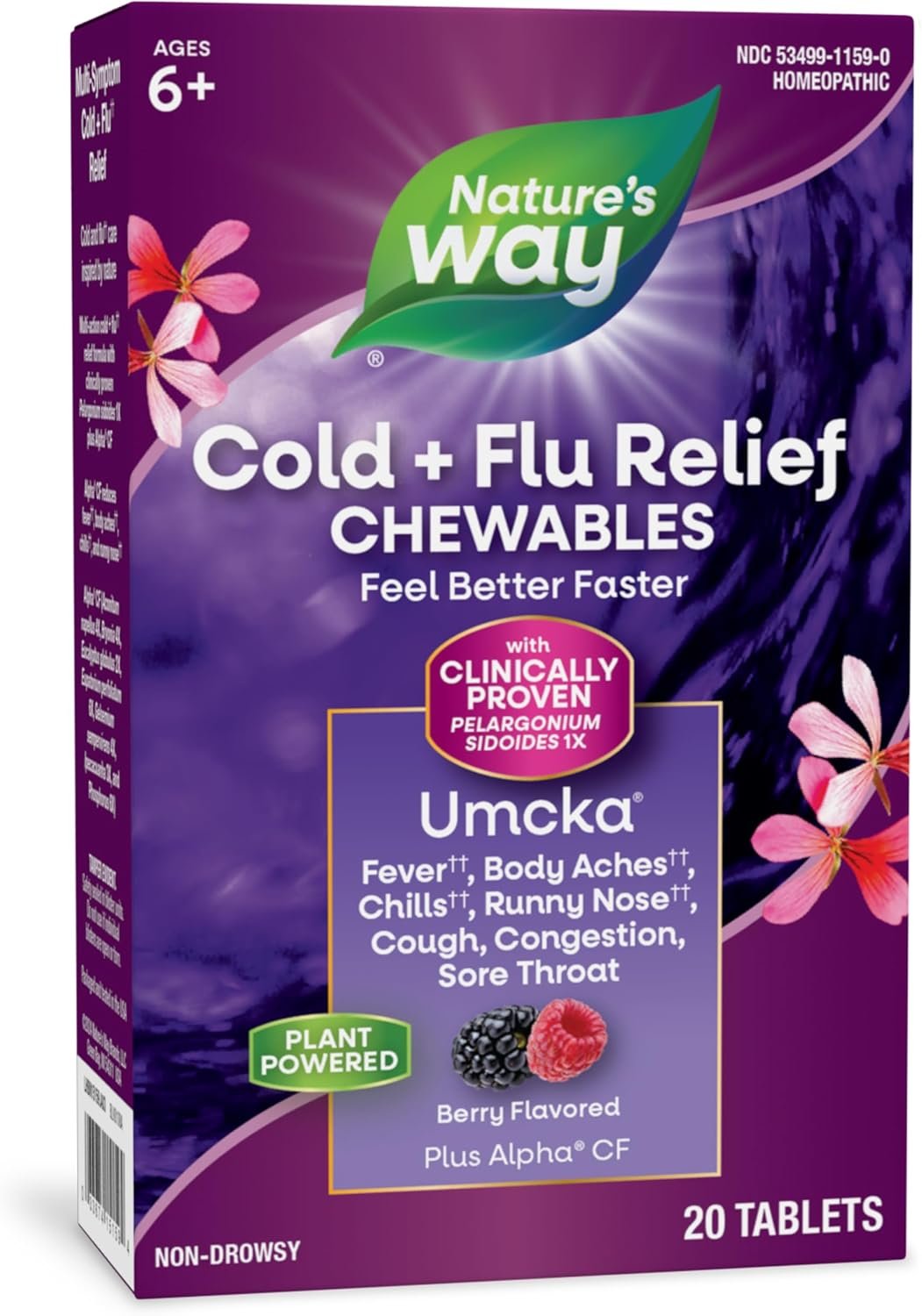 Nature's Way Cold+Flu Relief, Umcka, Shortens Duration and Reduces Severity, Multi-Symptom Relief, Homeopathic, Phenylephrine Free, Non-Drowsy, Berry Flavored, 20 Chewable Tablets (Packaging May Vary)