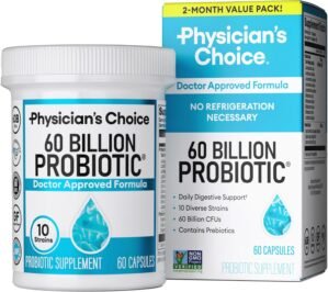 Physician’s CHOICE Probiotics 60 Billion CFU – 10 Strains + Organic Prebiotics – Immune, Digestive & Gut Health – Supports Occasional Constipation, Diarrhea, Gas & Bloating – for Women & Men – 60ct