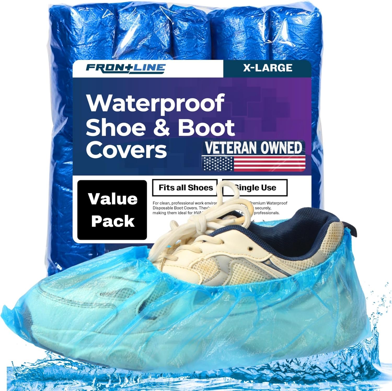 Frontline Shoe Covers Disposable Waterproof, Recyclable Premium Thick Plastic, SLip Resistance, Durable, Booties for Shoes, XL One Size Fits Most, Indoor Outdoor Shoe Covers (100)