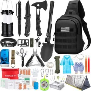 Emergency Survival Kit, 151 Pcs Survival Gear First Aid Kit, Outdoor Trauma Bag with Tactical Flashlight Knife Pliers Pen Blanket Bracelets Compass for Camping Earthquake or Adventures