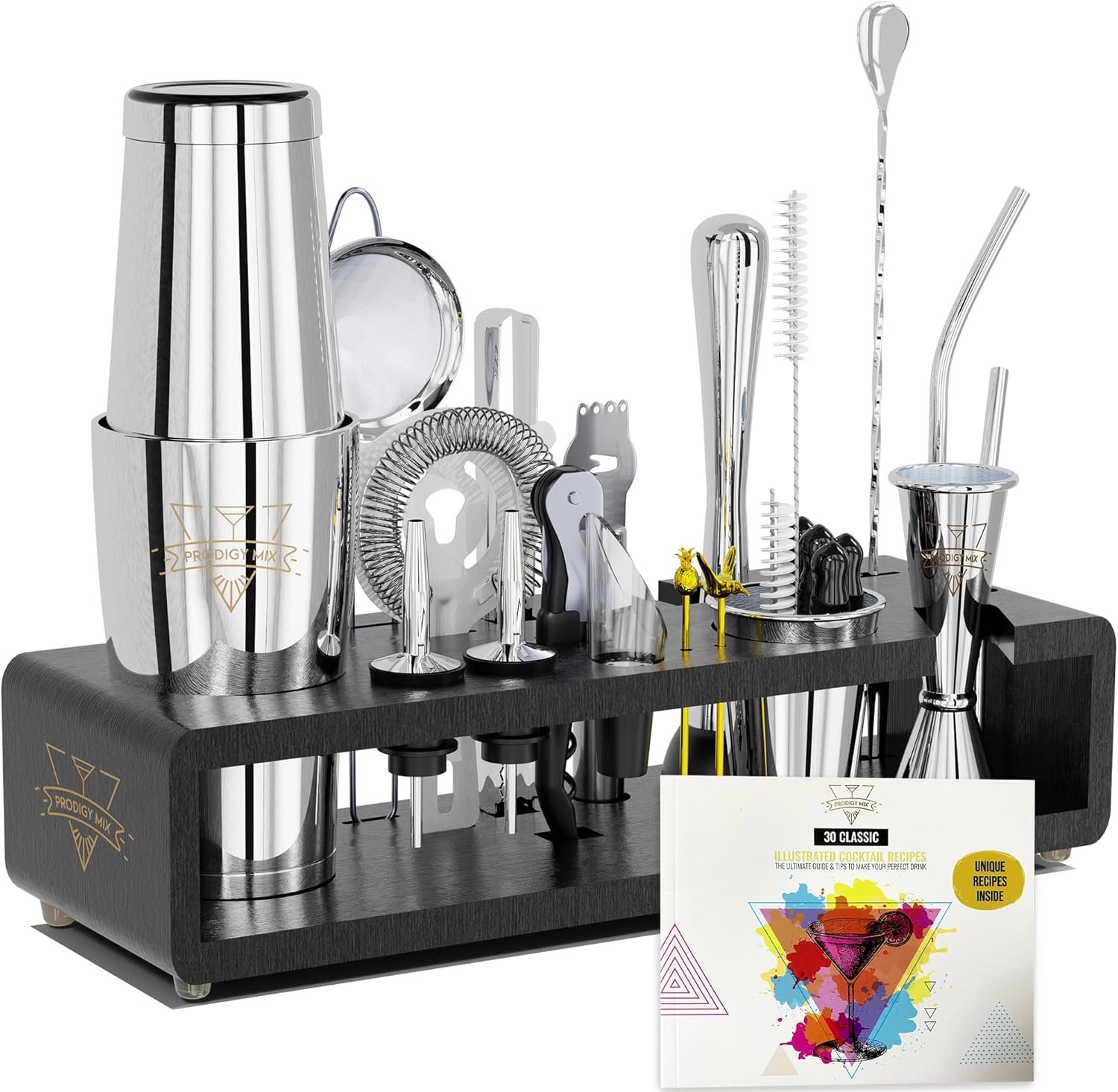 Elite Mixology Bartender Kit 20-Piece Boston Cocktail Shaker Set for Mixing with Stand- Indestructible Bar Accessories Bartending Kit, Cocktail Bar Set, Bartender Set, Bonus Recipe Cards Bar Tools