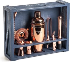 Mixology Bartender Kit: 11-Piece Bar Tool Set with Rustic Wood Stand | Perfect Home Bartending Kit and Cocktail Shaker Set for a True Drink Mixing Experience | Fun Housewarming Gift Idea (Copper)