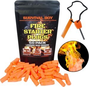 FIRE Starter Plugs (50 Pack) with Ferro Rod | Weather Resistant Fire Starter Can Light 50+ Fires for Campfires, Fireplace, BBQ, Grill, Extra Long Burn Time | Perfect for Emergency Survival Kits