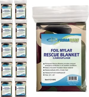 Primacare CB-6842-10 Pack of 10 Emergency Foil Mylar Thermal Blanket Camouflage, 84″ Length x 52″ Width