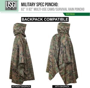 USGI Industries Military Style Poncho Multi Use Rip Stop Camouflage Rain Poncho
