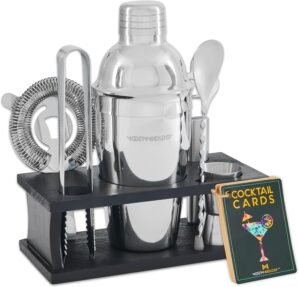 Mixology Bartender Kit – 8-Piece Silver Cocktail Shaker Set with Black Wood Stand, Recipe Cards, and Bar Accessories Ideas