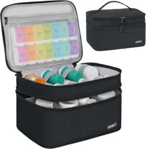 Medicine Storage Bag,Double Layers Pill Bottle Organizer Bag Empty with Lockable Zipper&Adjustable Divider,Medication Travel Carrying Bag for Pills,Vitamins,Medical Supplies