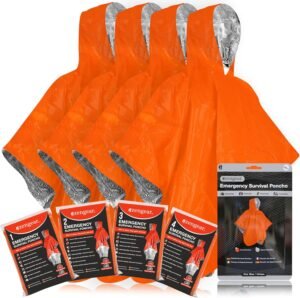 aZengear Emergency Survival Poncho (4pc) Thermal Mylar Foil Coating Blanket for Heat Retention and Rain | Reversible with Hood | Waterproof, Windproof, Portable, Hands-Free, Outdoor Kit