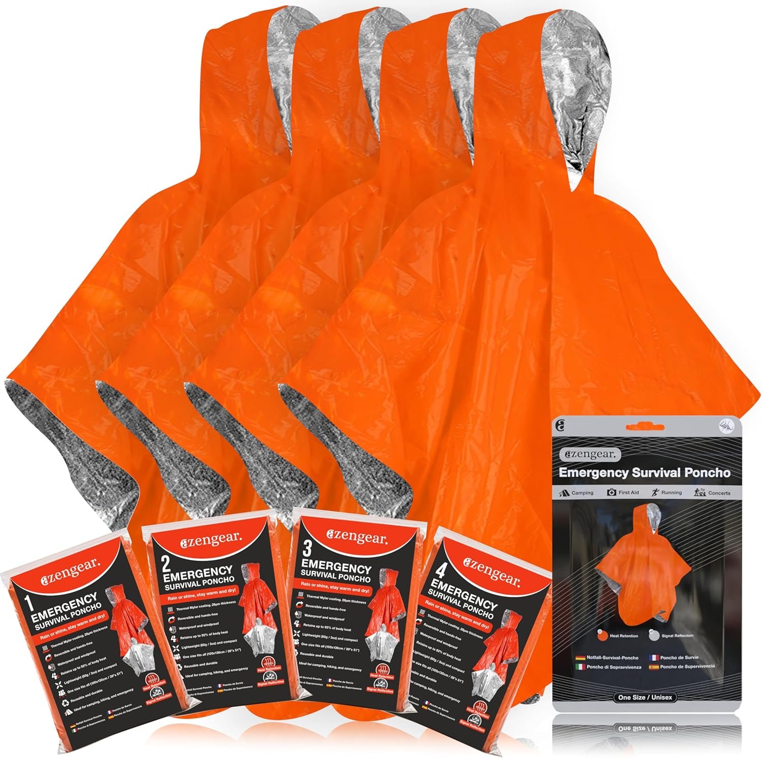 aZengear Emergency Survival Poncho (4pc) Thermal Mylar Foil Coating Blanket for Heat Retention and Rain | Reversible with Hood | Waterproof, Windproof, Portable, Hands-Free, Outdoor Kit