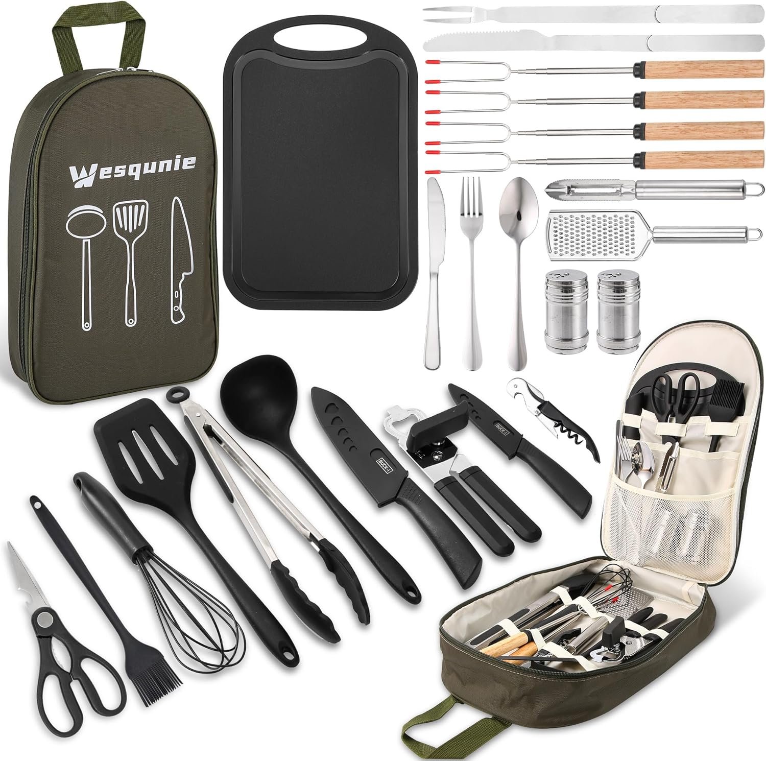 Camping Essentials Cooking Utensils Set - Camping Kitchen Cookware Accessories Set, Camping Gear Must Haves, Stainless Steel & Silicone, Car Portable Outdoor Camp Cooking Equipment Kit