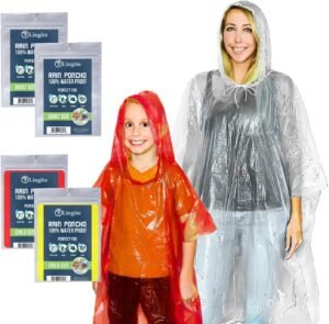Lingito Rain Ponchos Family Pack – Emergency Drawstring Hood Poncho for Children & Adults Lightweight Reusable or Disposable