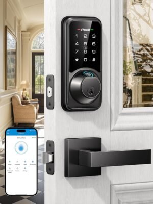 Smart Door Lock Set for Front Door, Zowill 7-in-1 Fingerprint Deadbolt with App Control, Keyless Entry Door Lock with 2 Lever Handles, Biometric,Touchscreen Keypad, Auto Lock, Matte Black