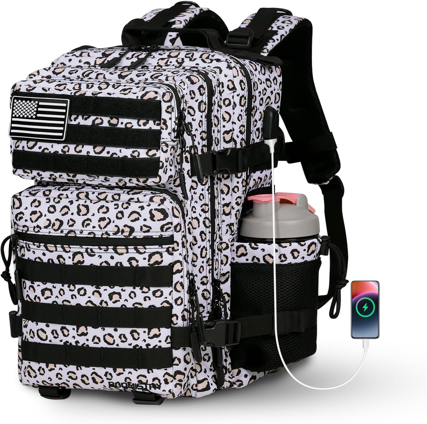 25L Military Tactical Backpack for Women, Molle Army Assault Pack with Water Cup Bag (White Leopard-25L)