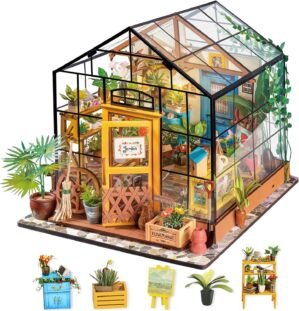 Rolife DIY Miniature House Kit-Mini Diorama 1/18 Greenhouse Model Building Kit with LED, Crafts for Adults Hobby Christmas Birthday Gift for Boys Girls Mom Home Decor (Cathy’s Flower House)