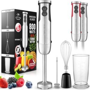 Zulay 4-in-1 Immersion Stick Mixer Hand Blender – 800 Watts, 12 Speeds, 5-ft Power Electric Cord, Handheld Portable, Stainless Steel Blades – With Whisk, Frother & Stick Blender Attachments – Black