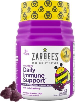 Zarbee’s Children’s Daily Immune Support Gummies with Real Elderberry + Vitamins A, C, D, E & Zinc to Help Promote a Healthy Immune System, No Artificial Flavors, Gluten-Free, 42 ct