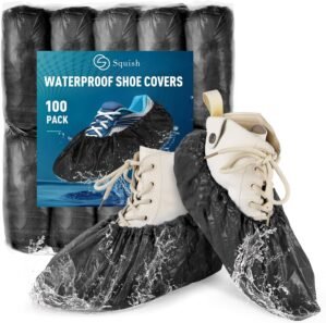 squish Shoe Covers Disposable Non-Slip, 100 Pack 6g Thick Booties Cover, Waterproof Slip Resistant Disposable Shoe Covers Durable Protector Covers for Indoors and Outdoors Fit Up to 13 Size (Black)