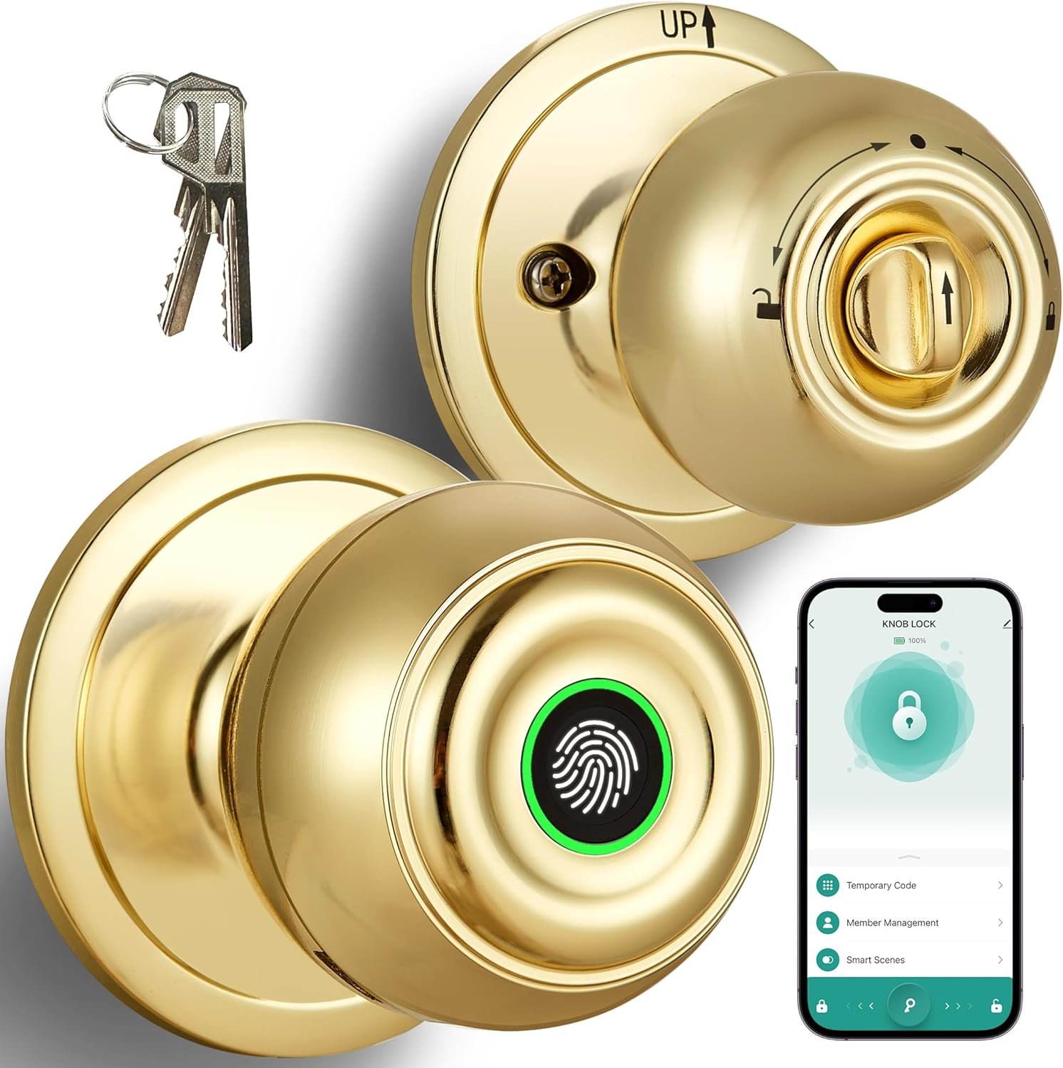 Fingerprint Door Lock, Smart Fingerprint Door Knob with Lock, Biometric Door Lock with App Control & Key, Keyless Thumbprint Entry Door Lock for Bedroom, Front Door, Home, Apartment Office-Brass