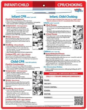 Infant and Child CPR and Choking Magnet – First Aid Quick Reference Card for Children – Emergency Phone Numbers – Laminated with Magnets, Marker – 8.5 x 11 in.