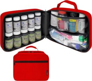Large Padded Pill Bottle Organizer, Medicine Bag, Case, Carrier for Medications, Vitamins, and Medical Supplies with Fixed Pockets – for Home Storage and Travel – Red (Without Lock)