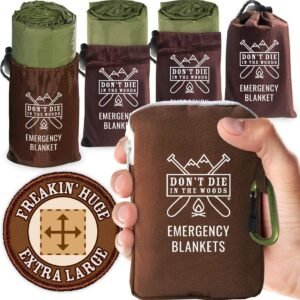 Don’t Die In The Woods – Freakin’ Huge Emergency Blankets [4-Pack] Extra-Large Thermal Mylar Space Blankets with Ripstop Nylon Stuff Sacks + Carabiner Zipper Pack [Army Green]