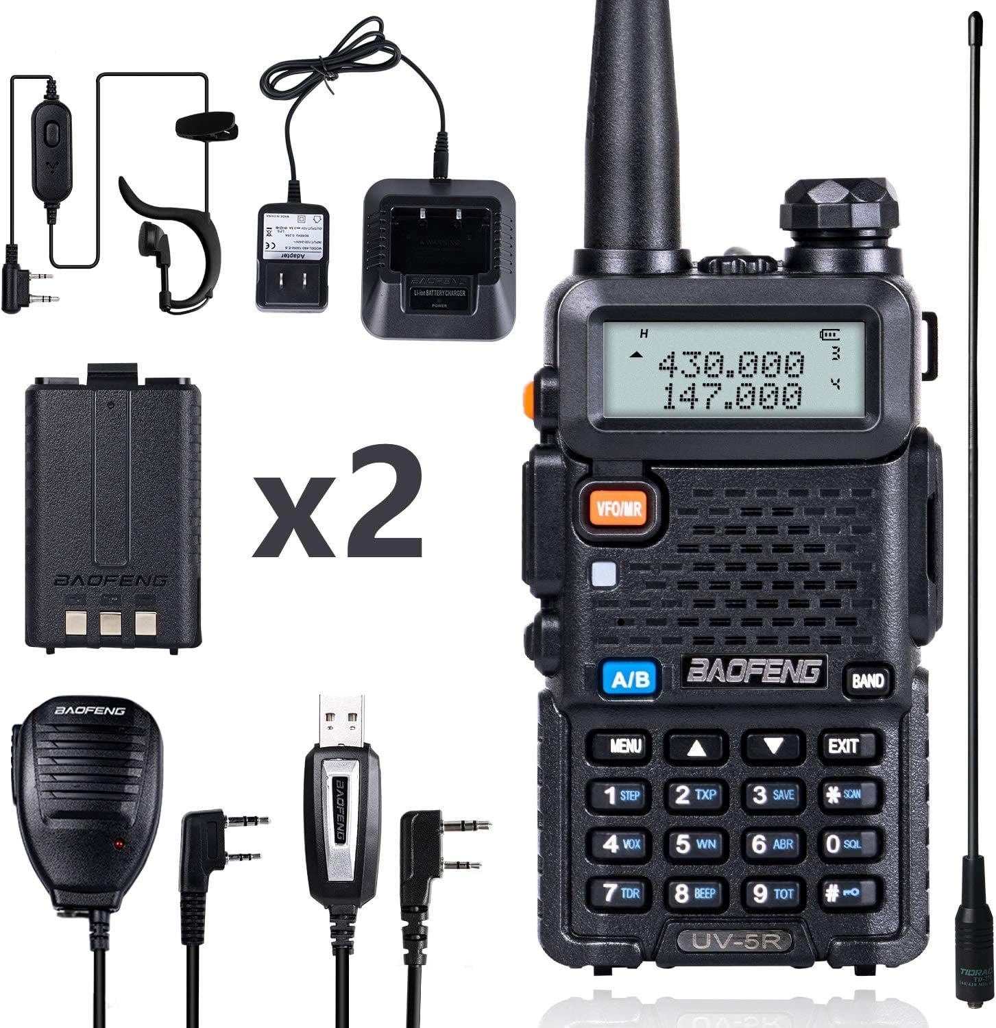 BaoFeng UV-5R 8 Watt Ham Radio BaoFeng Radio with Extra 1800mAh Battery and 771 Antenna Dual Band Ham Radio Handheld Includes Full Kit Walkie Talkie