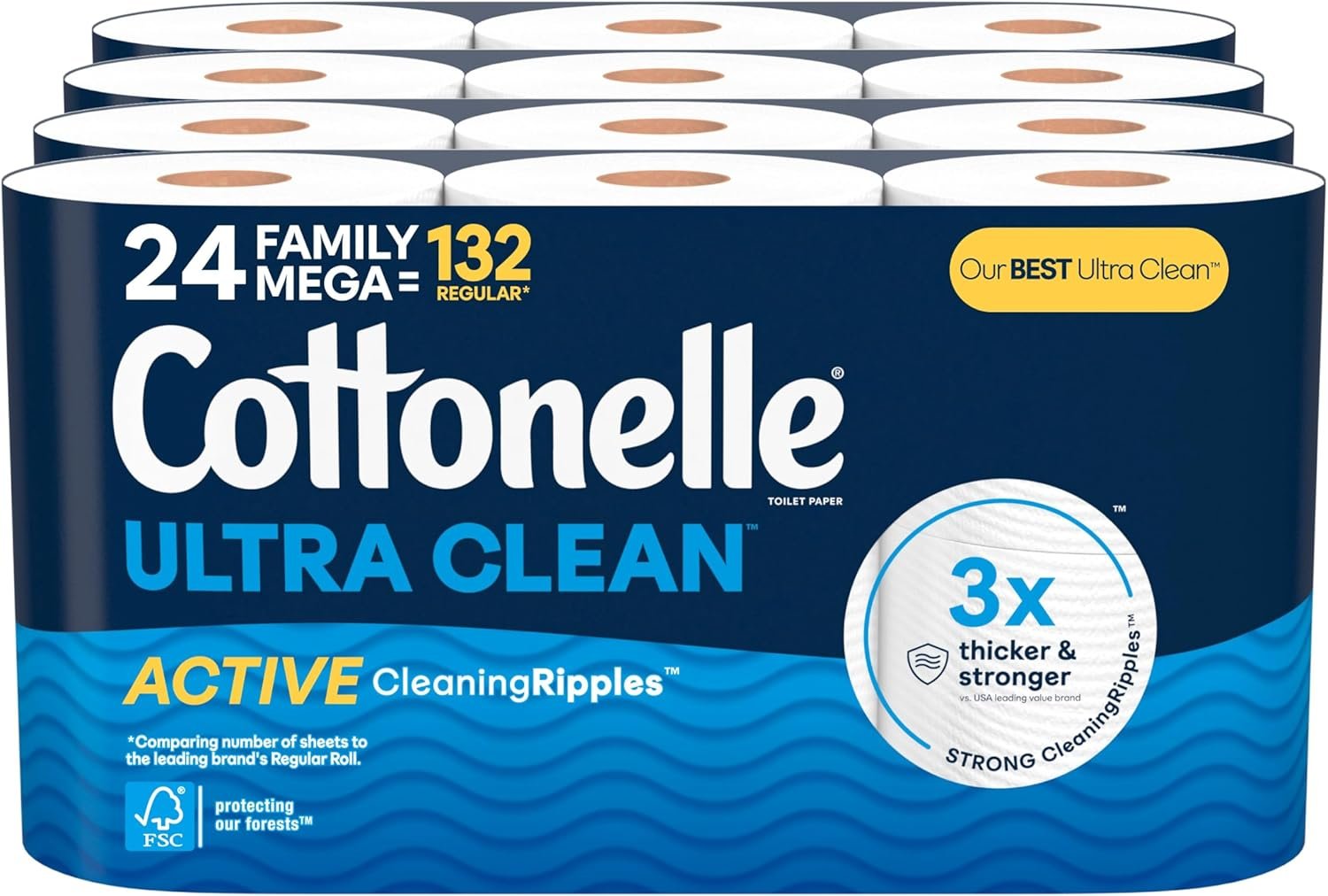 Cottonelle Ultra Clean Toilet Paper with Active CleaningRipples Texture, Strong Bath Tissue, 24 Family Mega Rolls (24 Family Mega Rolls = 132 Regular Rolls) (4 Packs of 6), 353 Sheets per Roll