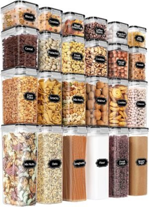 PRAKI Airtight Food Storage Containers Set with Lids – 24 PCS, BPA Free Kitchen and Pantry Organization, Plastic Leak-proof Canisters for Cereal Flour & Sugar – Labels & Marker