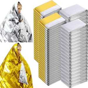 Kanayu 100 Pack Emergency Foil Thermal Blankets for Survival 82 x 63 Foil Space Blanket Kit for Outdoors Camping Hiking Homeless Survival or First Aid, 50 Pcs Golden 50 Pcs Silver