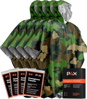 PREPARED4X Emergency Poncho with Mylar Blanket Liner – Heavy Duty, Waterproof, Wind-Resistant Green Rain Poncho for Outdoors, Camping, and Car Emergency Kits – Thermal Poncho