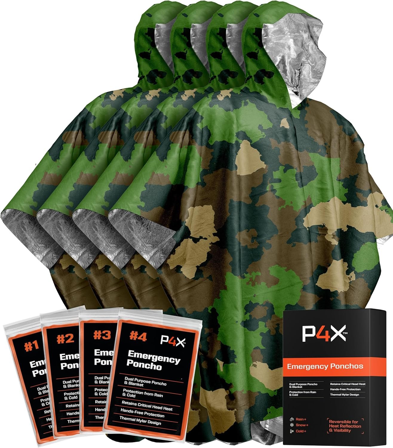 PREPARED4X Emergency Poncho with Mylar Blanket Liner – Heavy Duty, Waterproof, Wind-Resistant Green Rain Poncho for Outdoors, Camping, and Car Emergency Kits - Thermal Poncho