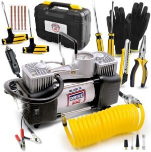 Tire Inflator Portable Air Compressor with Tire Repair Kit – 12V DC Dual Cylinder Air Pump for Car Tires, 150 PSI Tire Pump with Tire Pressure Gauge, Car Emergency Kit, and Car Accessories Air Pump