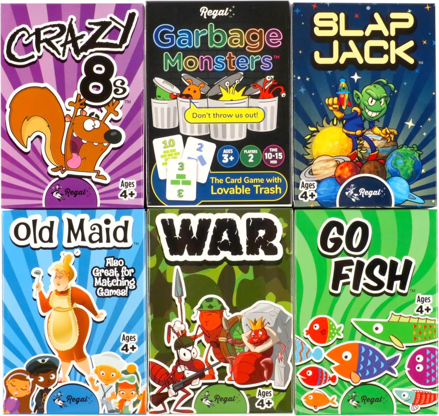Regal Games Card Games for Kids - Go Fish, Crazy 8's, Old Maid, Slap Jack, Garbage Monster, War - Simple & Fun Classic Family Table Games - Games May Vary (6 Set)