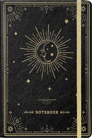 Ruled Notebook/Journal – Premium Thick Paper Faux Leather Classic Writing Notebook with Pocket + Page Dividers Gifts, Banded, Large, 144 Pages, Hard Cover, Lined (5.4 x 8.3) – Goddess Of the Moon