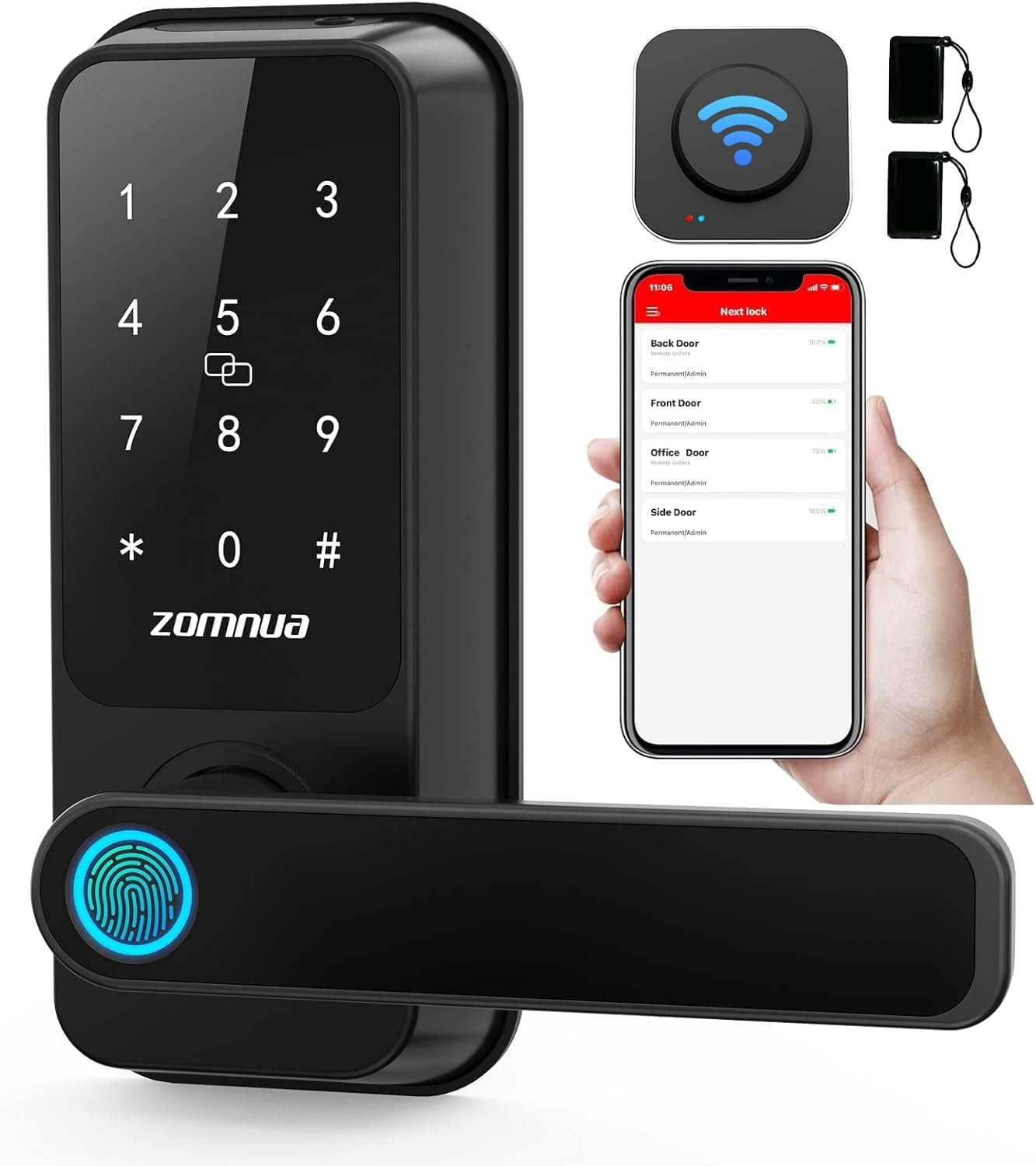 WiFi Smart Lock with Handle,Zomnua Fingerprint Lever Keyless Entry Door Lock with Keypad, Alexa Digital Electronic Smart Deadbolt for Front Door with Gateway,Bluetooth App, Fob Keys