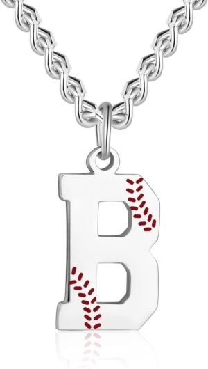 AIAINAGI Baseball Initial A-Z Letter Necklace for Men Baseball Charm Pendant Stainless Steel Silver Chain 22inch Personalized Baseball Gift for Men