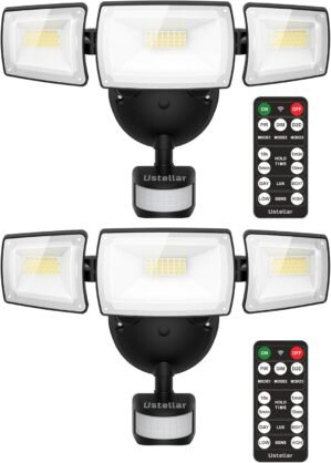 USTELLAR 55W LED Security Lights Motion Sensor Light with Remote Control, Outdoor LED Flood Lights Dusk to Dawn 5500LM 5000K, IP65 Waterproof, Exterior Floodlight for Garage, Yard, Eave – 2 Pack BLACK