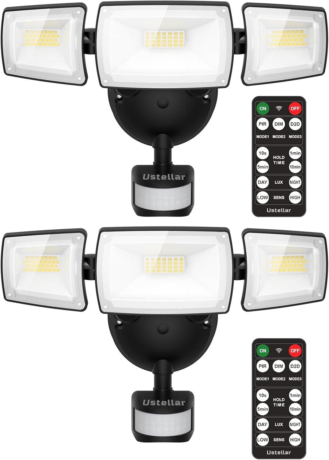 USTELLAR 55W LED Security Lights Motion Sensor Light with Remote Control, Outdoor LED Flood Lights Dusk to Dawn 5500LM 5000K, IP65 Waterproof, Exterior Floodlight for Garage, Yard, Eave - 2 Pack BLACK