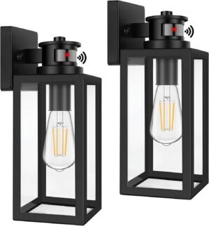 2-Pack Motion Sensor Outdoor Lights, Upgrade Dusk to Dawn Wall Mount Light Fixtures, Motion Sensor Wall Lights for Outside House Porch Garage, Exterior Black Wall Lanterns Sconce with Clear Glass