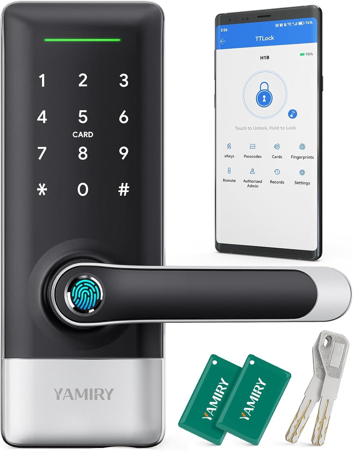 Smart Door Lock, Biometric Fingerprint, Keyless Entry, App Control, 6 Ways to Unlock, DIY Installation (Silver)