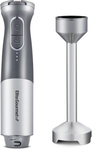 Elite Gourmet EHB1300 Cordless, Rechargeable Hand Blender, Variable Speed Blending with One-Touch Power Button, Stainless Steel Blades, Portable, Easy Control Stick Mixer, Baby Food, Charcoal Grey
