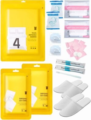 Extguds Disposable Travel Set: Bed Sheet×1+Duvet Cover×1+Pillow case×2+Bath Towels×2+Shower Caps×2+Plastic Bathtub Bag×2+Toilet Seat Covers×2+Compression face Towel×8+Toothbrushes×2+Slippers×2