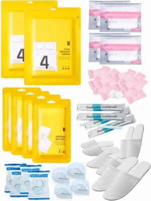 Extguds Disposable Travel Set : Bed Sheet×2+Duvet Cover×2+Pillow case×4+Bath Towels×4+Shower Caps×4+Plastic Bathtub Bag×4+Toilet Seat Covers×4+Compression face Towel×16+Toothbrushes×4+Slippers×4