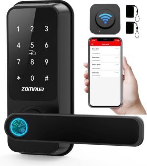 WiFi Smart Lock with Handle,Zomnua Fingerprint Lever Keyless Entry Door Lock with Keypad, Alexa Digital Electronic Smart Deadbolt for Front Door with Gateway,Bluetooth App, Fob Keys