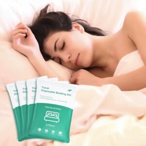 4 Set Disposable Bed Sheets Queen Size for Hotel, Portable Bedspread, Disposable Bed Sheets Set with 4 Bed Sheet, 4 Quilt Cover and 8 Pillowcase, Breathable Non Woven Bed Sheets for Camping Travel