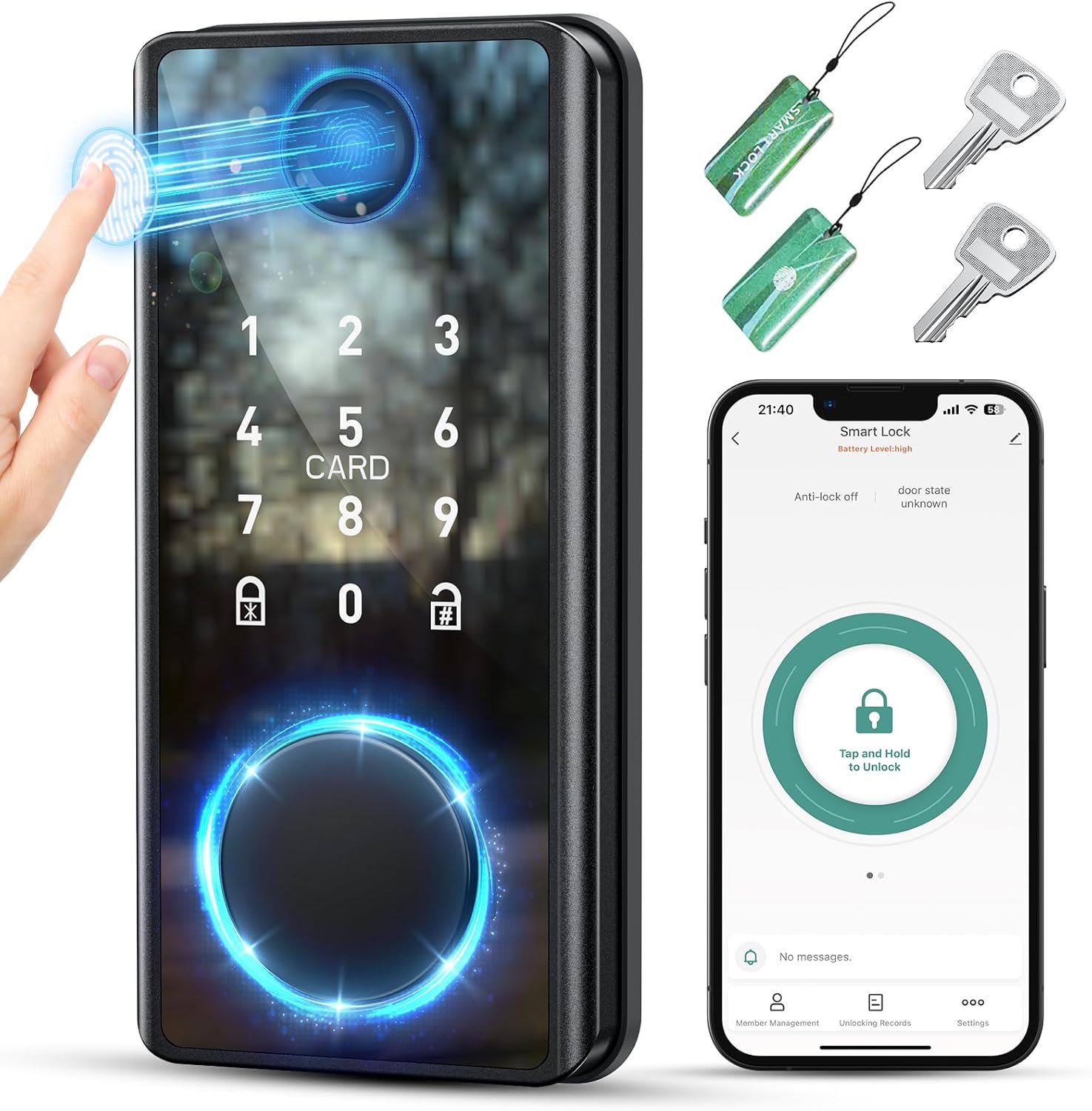 Smart Front Door Lock - Keyless Entry with Fingerprint & Keypad - Biometric Digital Deadbolt with Auto Lock, APP Control - Secure Electronic Entry for Home