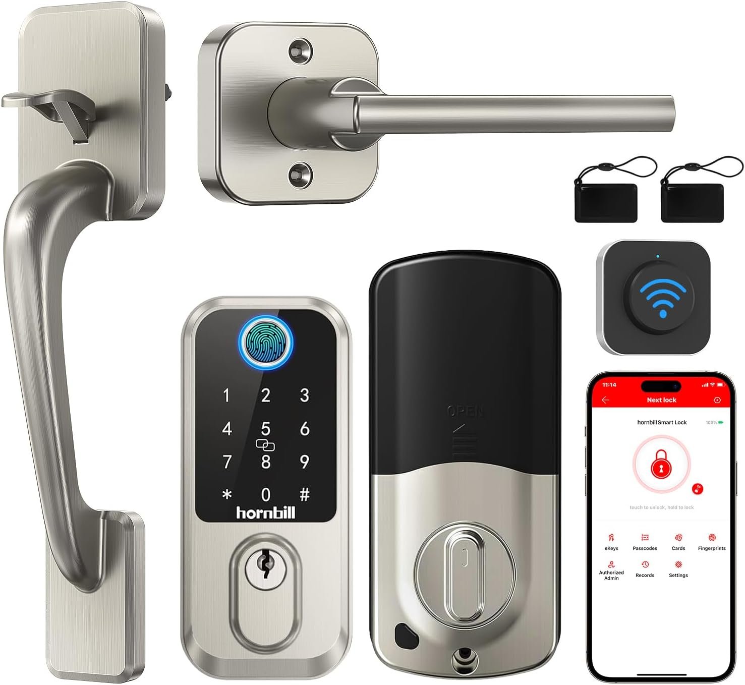 WiFi Fingerprint Smart Door Lock: Keyless Entry Door Lock Deadbolt with Handle,Hornbill Smart Locks for Front Door, Entry Door Keypad Lock Set, Electronic Digital Biometric Bluetooth Lock-Satin Nickel